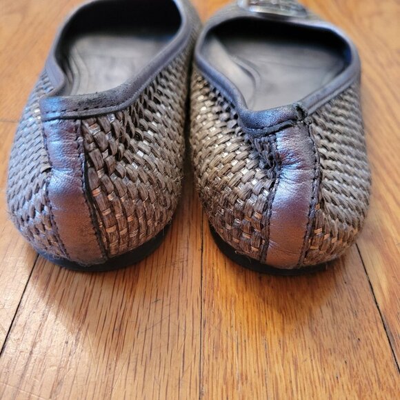 Tory Burch REVA Silver Gray Woven Raffia Ballet Flats 8 Shoes Logo Emblem - Picture 5 of 8